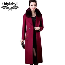 Осеннее длинное шерстяное пальто среднего возраста, куртка большого размера, облегающая верхняя одежда, женское модное шерстяное пальто с меховым воротником и принтом HS339