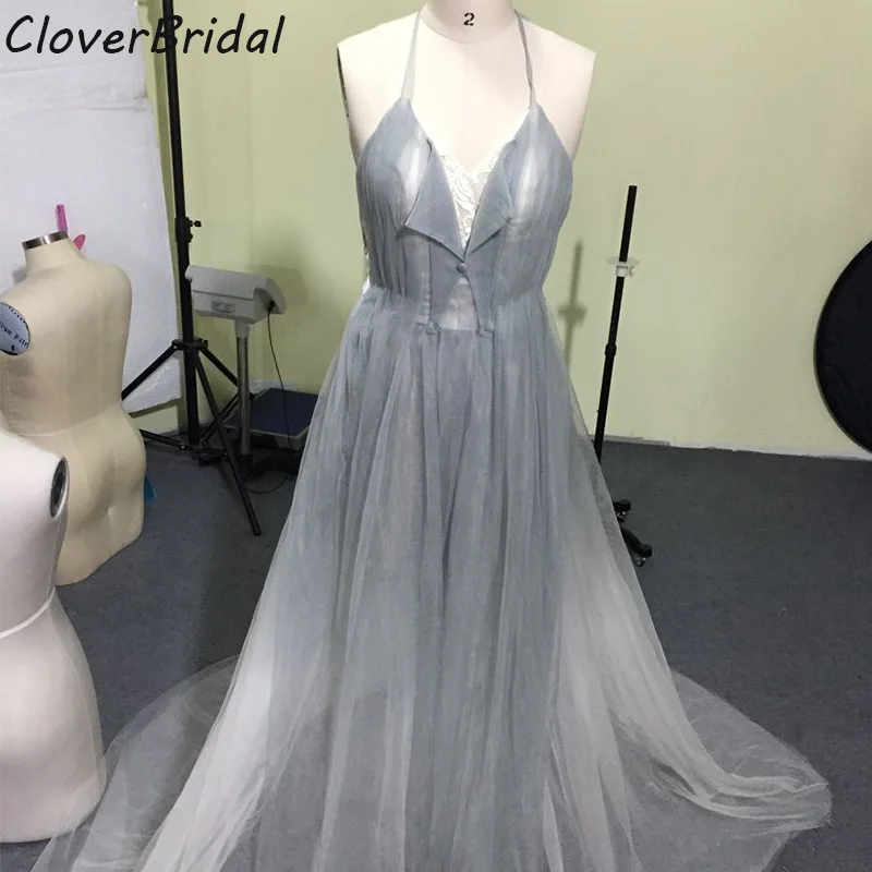 

New design soft tulle smoke white high -low celebrity dresses sexy backless halter corest top long train free custom-made 2017