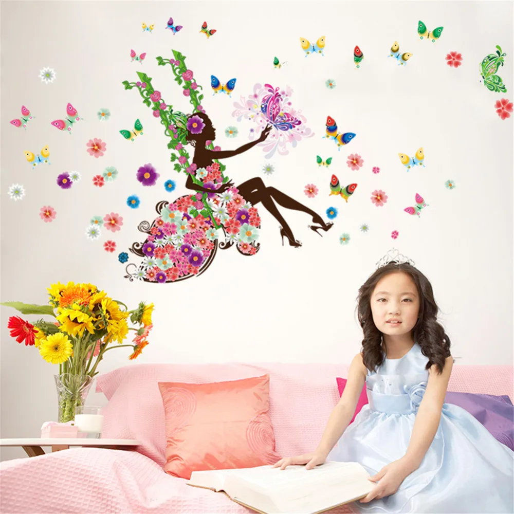

DIY Black Flower Fairy Wall Stickers Girls Gift DIY Room Decorative Adesivos De Paredes Removable Pvc Home Decals Home Decor