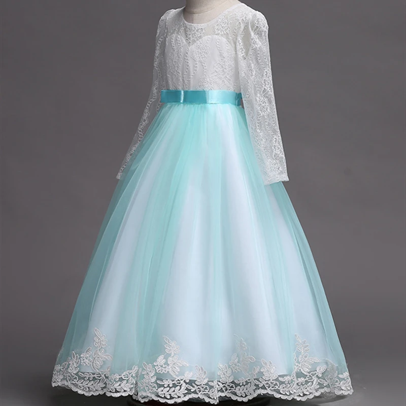 Свадебное платье с длинными рукавами и цветочным кружевом и бантом для девочек; детское Пышное вечернее платье принцессы для сцены и дня рождения; WG1572