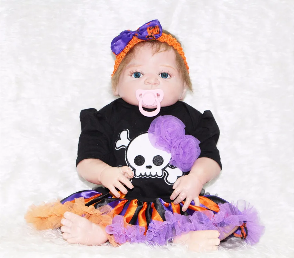 

23" bebe doll reborn full silicone body realistic girl reborn babies Skull colorful dress children gift bonecas