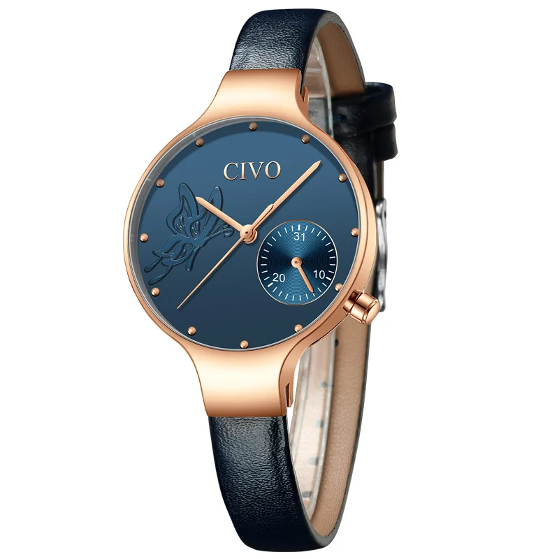 CIVO, модные женские кварцевые часы, женские, синие, с кожаным ремешком, деловые, повседневные, водонепроницаемые, наручные часы, подарок для жены, часы с цветами - Цвет: leather blue