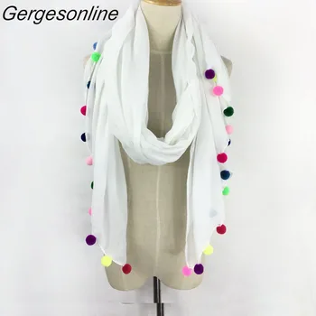 

Really fashion beautiful 30% viscose 70% polyester solid color handtailor colorful pom poms scarf shawl hijab beach scarf
