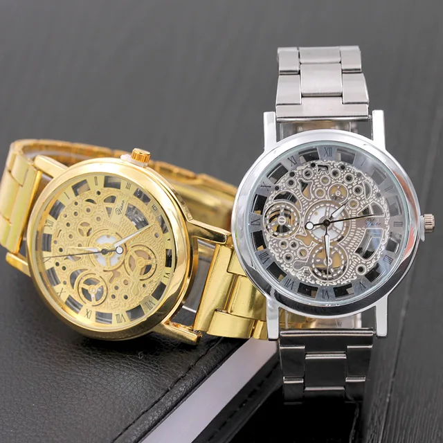 Men's Quartz Wristwatches Men Silver Gold Metal Strap Watches Skeleton Hollow Ou Men's Quartz Wristwatches Men Silver Gold Metal Strap Watches Skeleton Hollow Ou