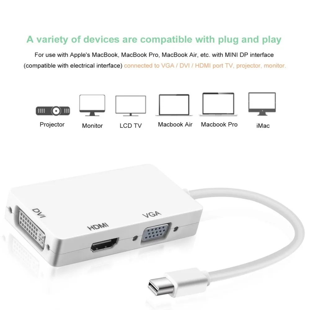 Конвертер HDI Mini Display Port Thunderbolt to DVI VGA HDMI 3 в 1 конвертер адаптер горячее новое
