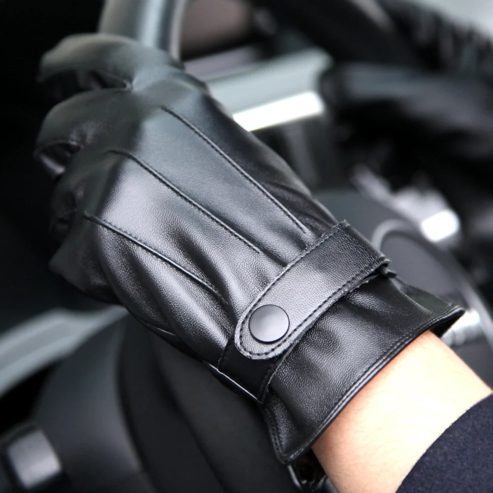 Black PU Leather Gloves Male Autumn Winter Plush Lined Anti-Wind Driving Men Gloves Five Fingers Full Palm Touchscreen PM002PC Black PU Leather Gloves Male Autumn Winter Plush Lined Anti-Wind Driving Men Gloves Five Fingers Full Palm Touchscreen PM002PC