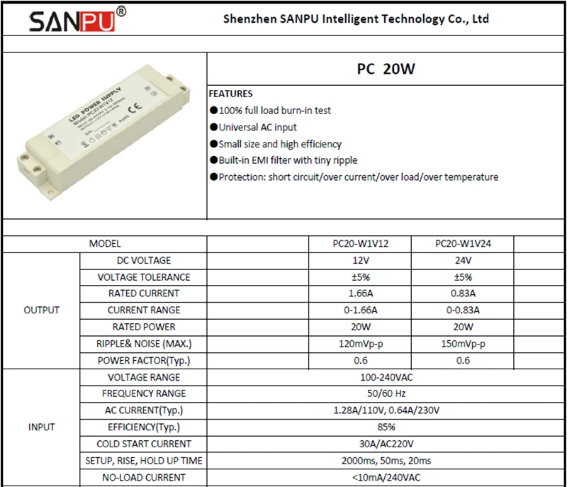 Sanpu smps светодио дный драйвер Питание 12 В DC 20 Вт Пластик IP44 Indoor Применение постоянной Напряжение AC-DC трансформатор для светодио дный ленты 12vdc