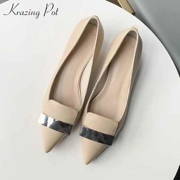 

Krazing Pot new full grain leather British vintage design stiletto low heel metal decoration party office lady concise pumps L09
