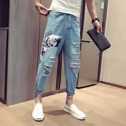 2019 летние тонкие рваные джинсы с 9 точками мужские свободные повседневные штаны в стиле хип-хоп с принтом в японском стиле синего цвета