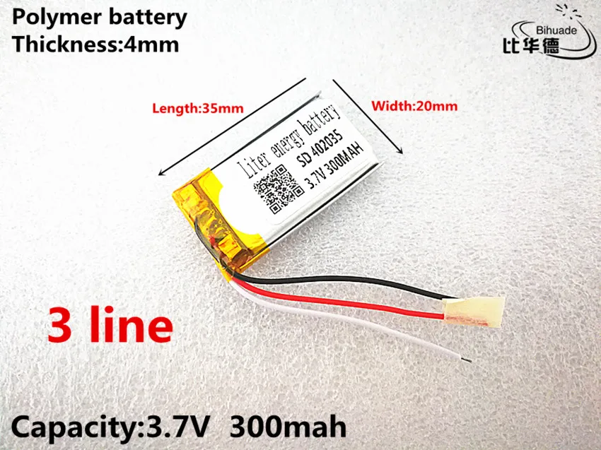 5 шт./лот 3 линии хорошего качества 3,7 V, 300 mAH, 402035 полимерный литий-ионный/литий-ионная аккумуляторная батарея для игрушка, портативное зарядное устройство, gps, mp3, mp4