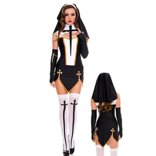 XS XXXL Black Nun Mini Dress Set Split Role Play Nun Costumes Sexy Women Shows Cosplay