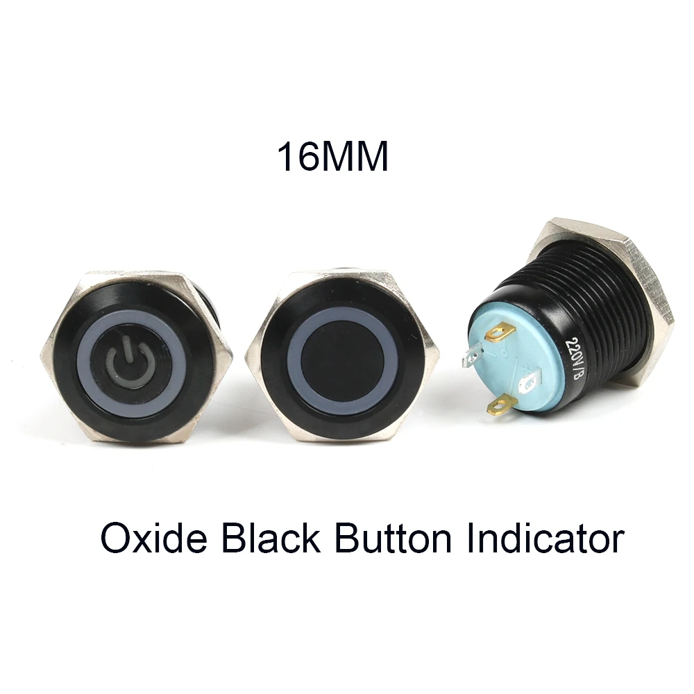 

Momentary oxide black Metal push button switch power lamp 16mm flat head start doorbell Computer Solder terminals with LED