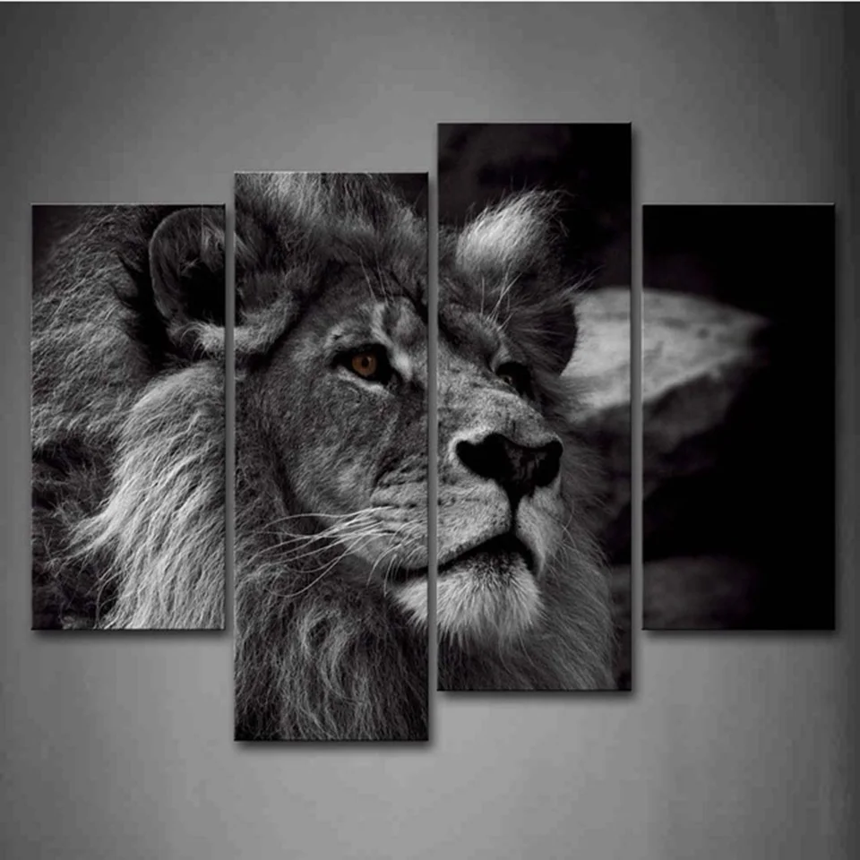 

Pictures HD Vintage Home Decor 4 Pieces/Set Lion Head Portrait Framework Paintings On Canvas Posters And Prints On The Wall