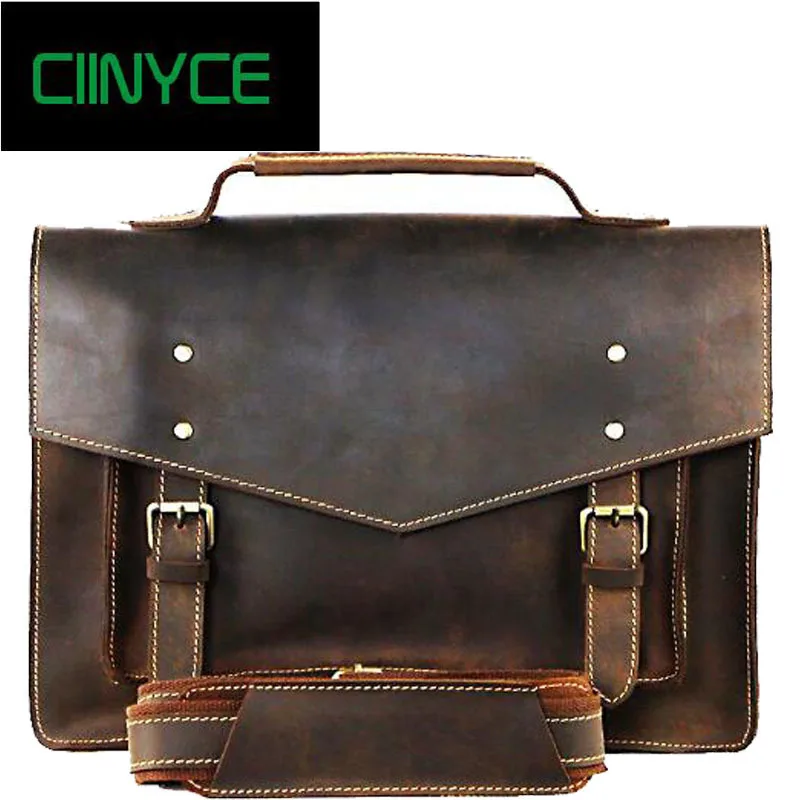 

Vintage Crazy Horse Genuine Cow Leather men Business Totes Male Nature Cowhide Skin 15"inch Laptop messenger briefcase Bag