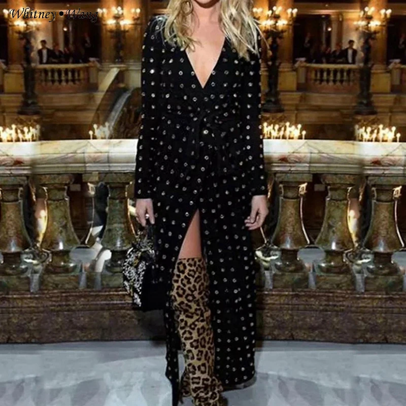 WHITNEY WANG 2018 Autumn Fashion Streetwear Pajamas Style Metal Rings Hollow Out LongTrench Coat Women Outwear coat WW-1948 | Женская