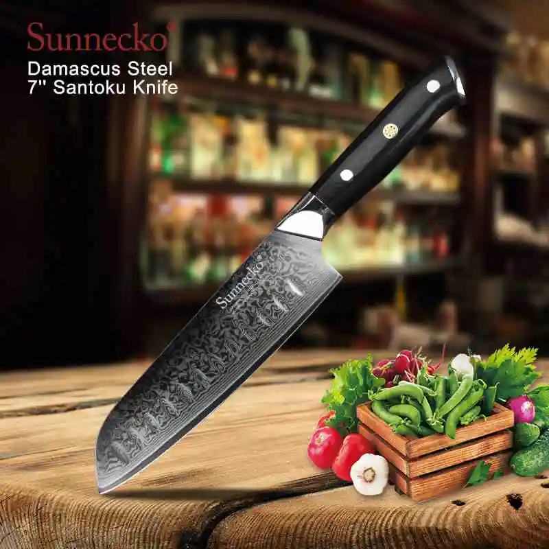 SUNNECKO 7 дюймов/5 дюймов Santoku Ножи Дамаск Сталь шеф-повара Кухня ножи японский VG10 лезвие острый для мяса с резьбовой головкой, режущий инструмент в виде G10 ручка - Цвет: 7 inch Santoku Knife