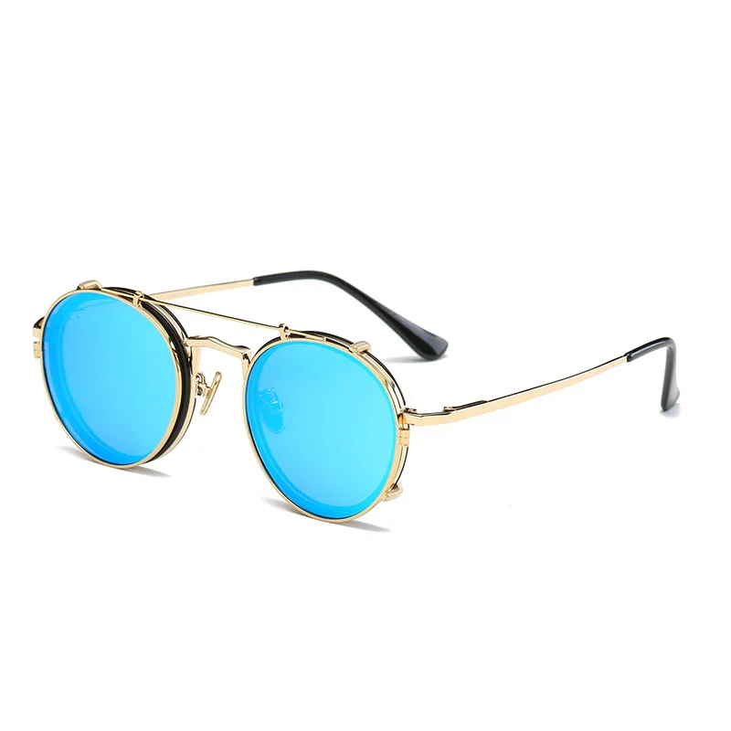 Стимпанк Солнцезащитные очки для мужчин и женщин, винтажные очки, 2 зажима, Ретро дизайн, солнцезащитные очки для девушек, панк, женские, мужские очки s99021 - Цвет линз: Синий