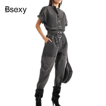 Runway rompers Denim womens jumpsuit 2019 Streetwear Women Overalls Loose Batwing Sleeve Long Black jeans Jumpsuits chic stand collar long sleeve rompers womens jumpsuits loose waist elastic drawstring streetwear robe slim overalls bodysuit