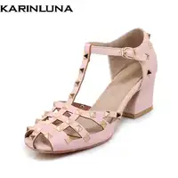 Karinluna Plus Size 32-43 Rivet Square High Heels Women Shoes Sweet Hollow Summer Sandals Woman Shoes Brand New