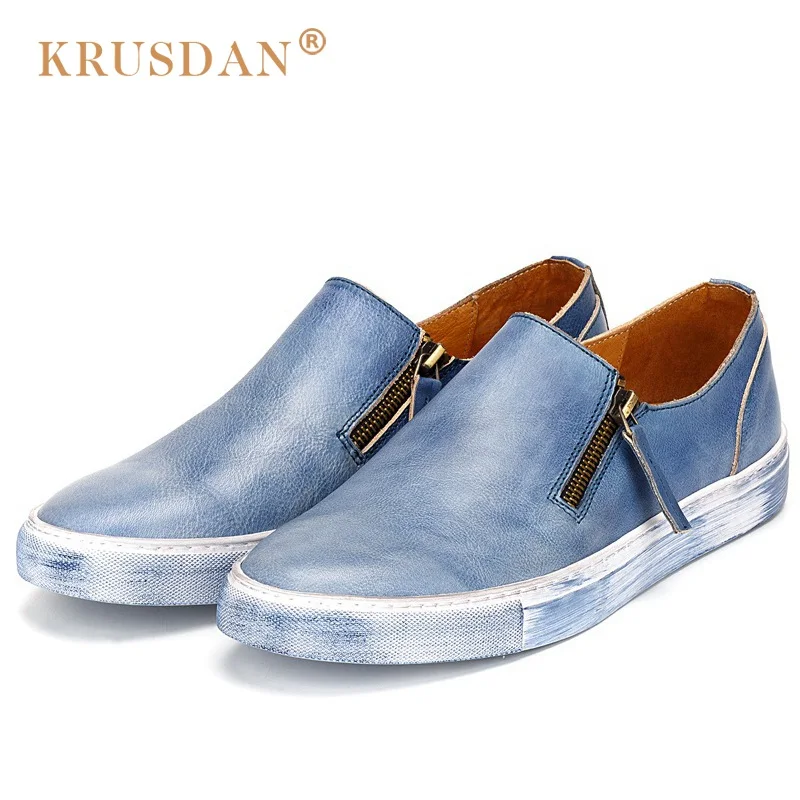 

2017 hot sale Vintage Genuine Leather Man's Casual Shoes Flat Platform Loafers Round Toe Zipper Men's Boat Footwear original