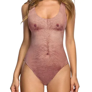 

New Sexy Swimsuit Funny Joke Chest Printed Women One Piece Hairy Man Bathing Suit Swimwear Beachwear 2019 Hot Swimming Costume