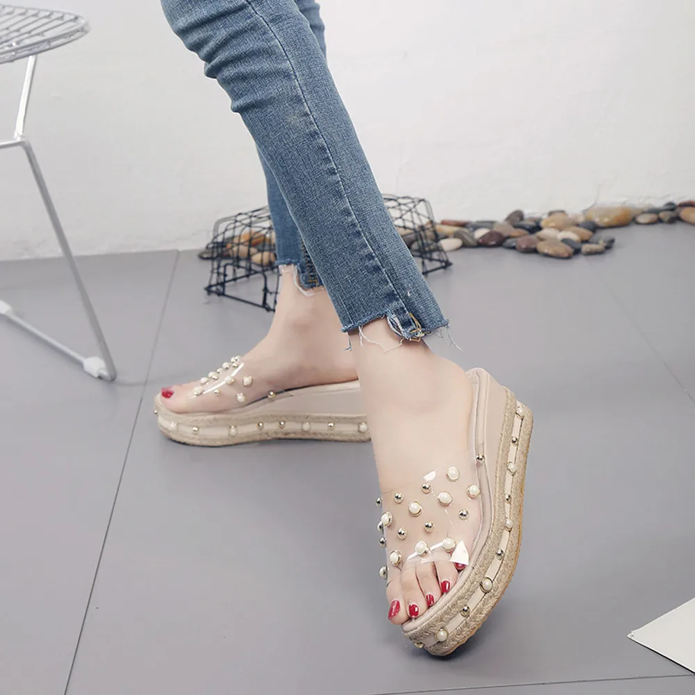 

2019 Thick bottom wedge slipper rhinestone pearl sandals ladies slipper #AY3