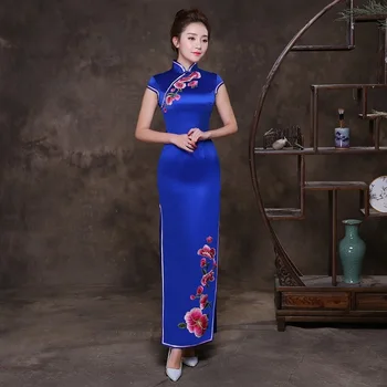 

Factory Direct Selling Vintage Cheongsam Blue Qipao Long Traditional Chinese Dresses Evening Dress Summer Women Sexy Flowers