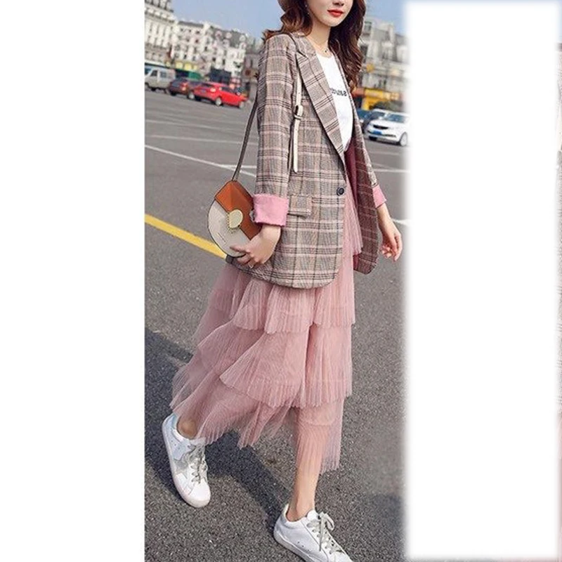 

HEE GRAND Women Suit Jacket Office Ladies 2019 New Flip Sleeve Casual All Match Female Plaid Suit Jacket Outwear Daily WWX482