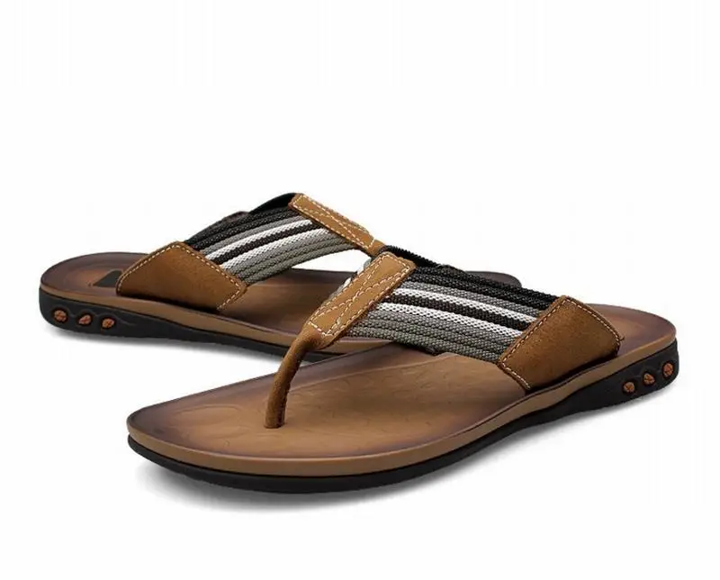 Новые винтажные Модные мужские тканые тапочки из натуральной кожи в полоску с ремешком дышащие Вьетнамки Удобная пляжная обувь