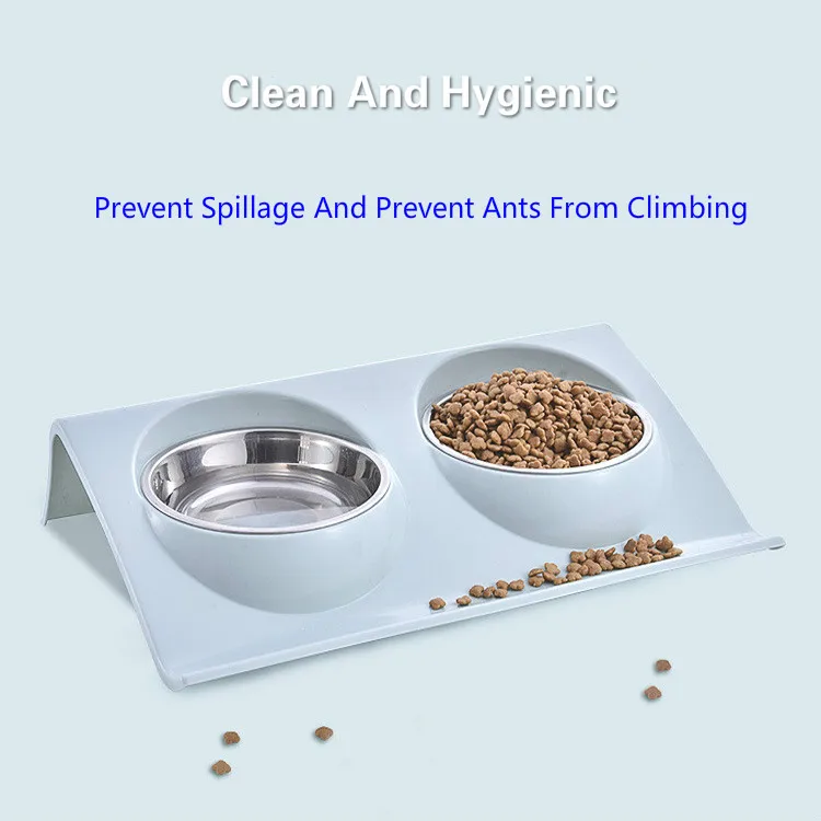 

2019Double-layer pet bowl stainless steel dog food double basin one multi-purpose combination three color