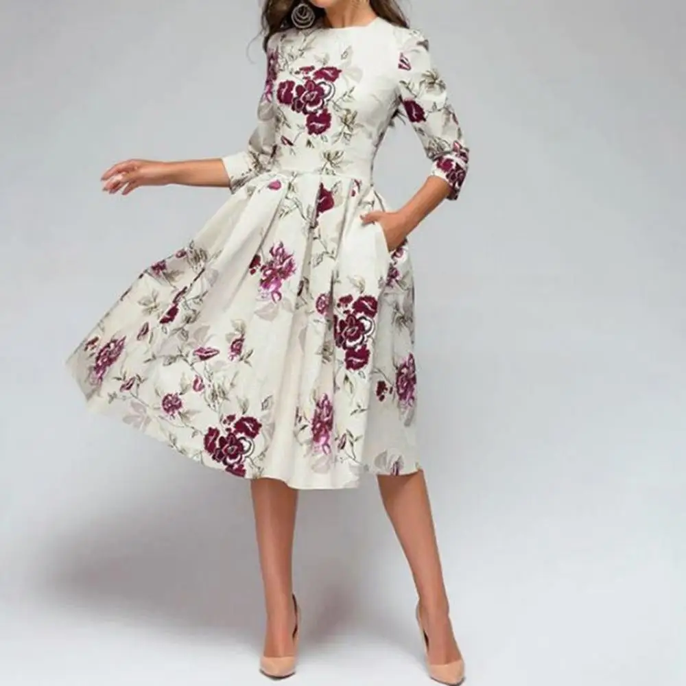 

Women fashion summer 2019 A-line half sleeves Vintage Printing Party Vestidos mid Dress ladies dress elegant white robe femme
