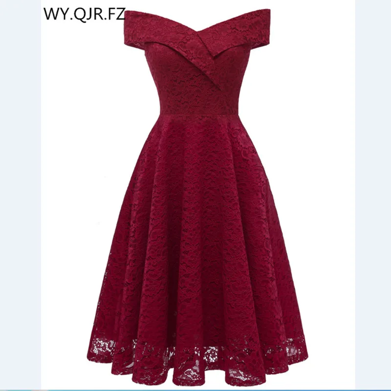Короткие кружевные платья подружки невесты CD-1610 # с вырезом лодочкой бордового