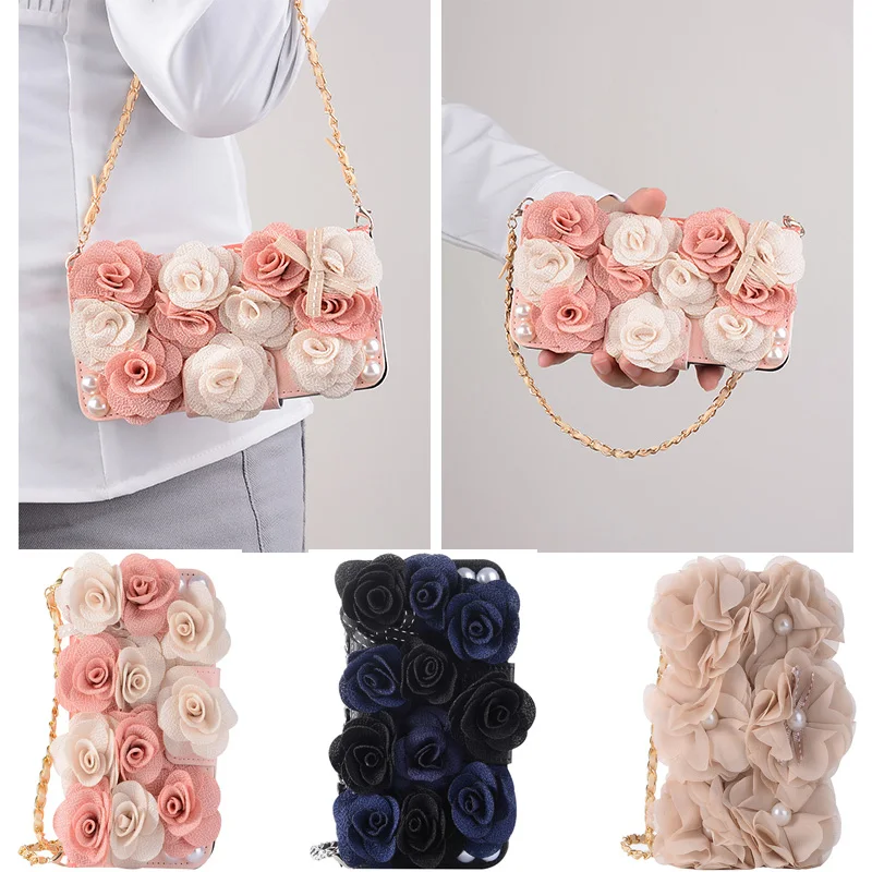 

Luxury Rose Flower Leather Handbag Wallet Flip Phone Case Cover for iPhone 7 Plus /8 Plus Pearl Pink Black Rose Chain Bag Coque