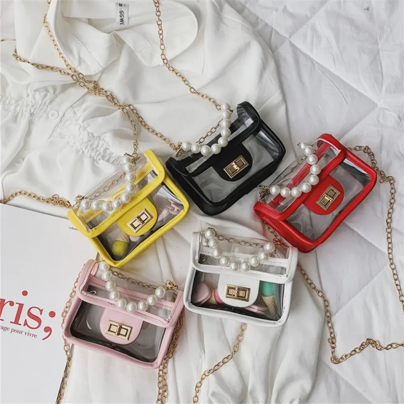 

KAFVNIE Luxury PVC Children Handbag Shoulder Bag for Kid pearl half round Metal chain Flap Bag Shiny Party Girl Purse Wholesale