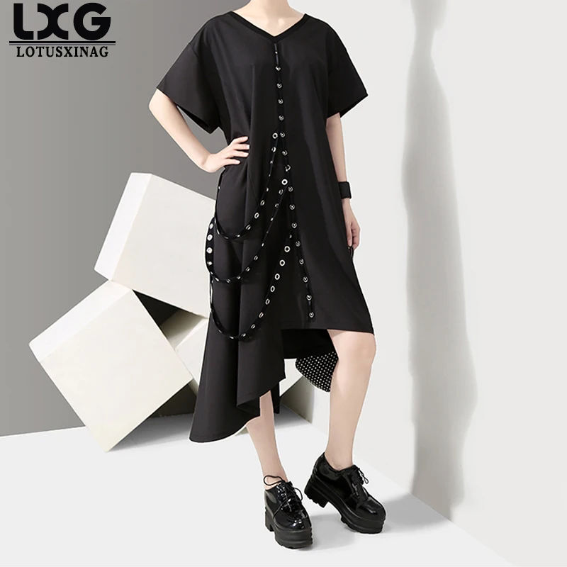 LXG lotusxinag Maternity New Spring Summer Round Neck Short Sleeve Black Irregular Hem Ribbon Big Size Dress Women Fashion Tide