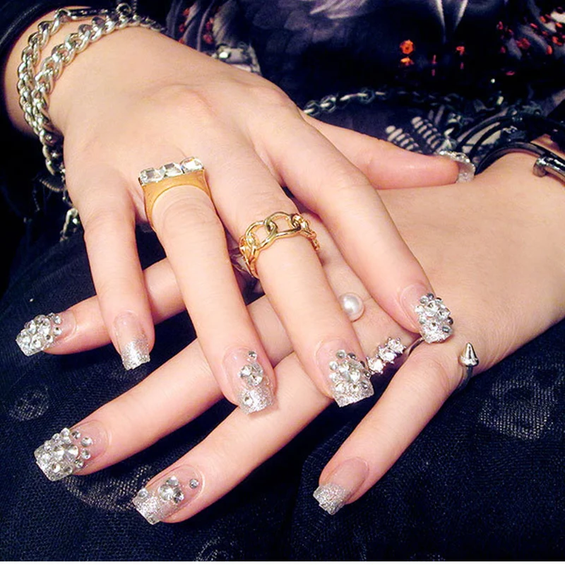 24pcs/Set Silver False Nails Fashion Girls Press on Nail with Glue Shinny Crystal Rhinestones Full Artificial Finger Fake | Красота и