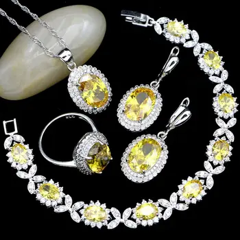 

925 Silver Jewelry Sets For Women Yellow Cubic Zirconia White Crystal Drop Earrings/Pendant/Necklace/Ring/Bracelet Set