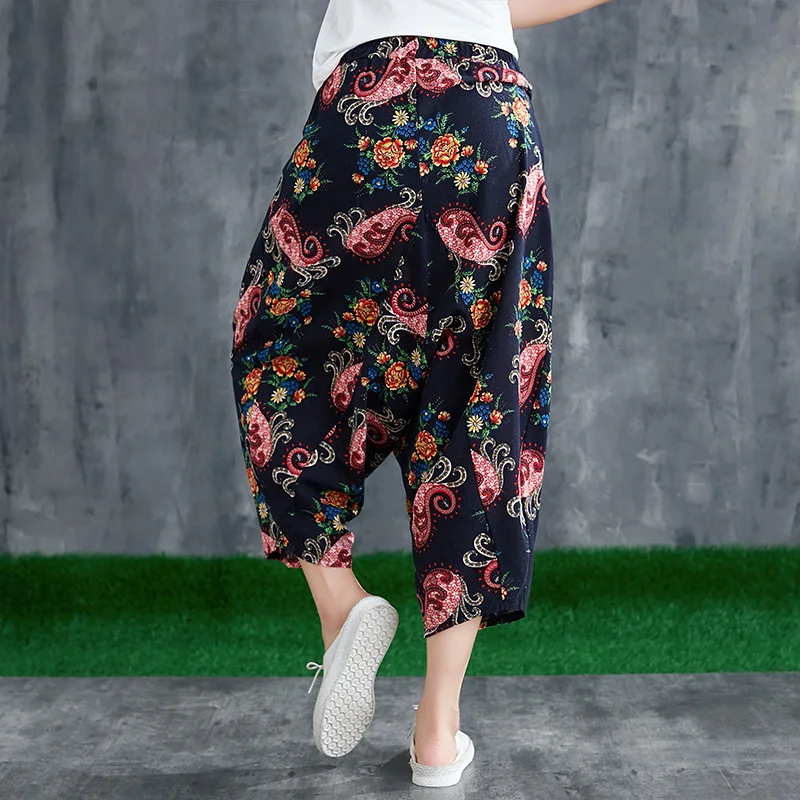 #0641 Summer Vintage Wide Leg Pants Women Elastic Waist Retro Cross Pants Ladies Floral Printed Cotton Linen Trousers Femme #0641 Summer Vintage Wide Leg Pants Women Elastic Waist Retro Cross Pants Ladies Floral Printed Cotton Linen Trousers Femme