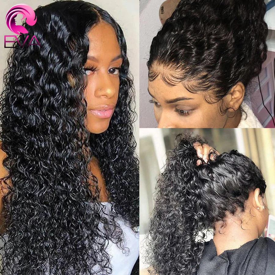 Goede Braziliaanse Krullend Lace Front Menselijk Haar Pruiken Pre Geplukt Met Baby Haar Lijmloze 13x4 Lace Front Pruik Voor zwarte Vrouwen Eva Remy Haar