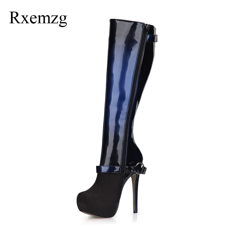 

Rxemzg fashion shoes 2018 women shoes winter buckle long boots knee high motorcycle boots patent leather woman high heel boots