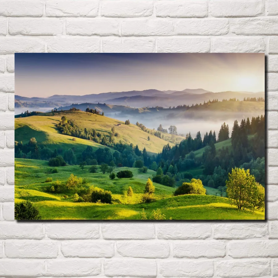 Природа Пейзаж холмы деревья листва туман sunrise sun KC964 живое комнатное домашнее настенное украшение, современное искусство деревянная рамка плакаты