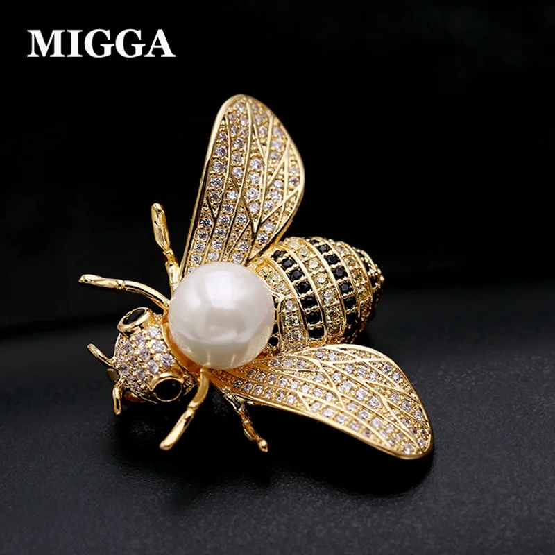 

MIGGA High Quality Imitation Pearl Zircon Bee CZ Crystal Brooch for Women Ladies Gold Color Pin Brooches