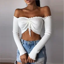 Для женщин модные однотонные топы с длинными рукавами короткий пуловер Повседневное пикантные бинты Растениеводство майка с должны Slash шеи футболки Femme