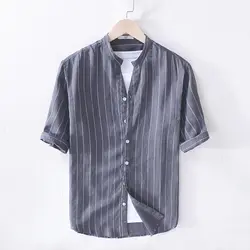 Новое поступление итальянские Брендовые мужские льняные рубашки Мода полосой Черный Серый Повседневная мужская рубашка мужская летняя