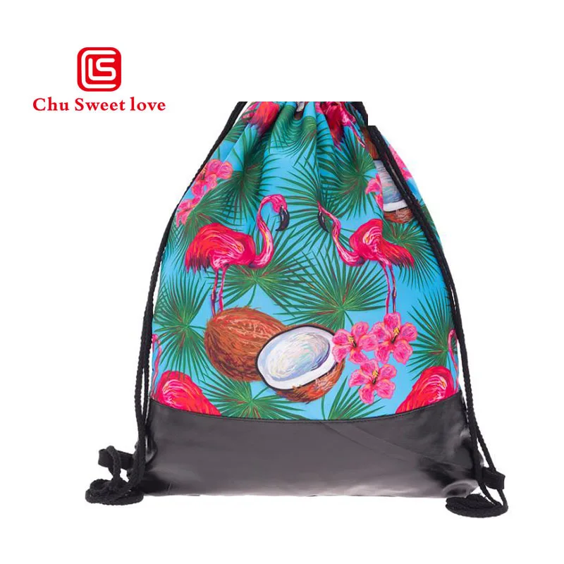 2018 New Style 3D Printing Lovely Flamingos Women Drawstring Backpack School Drawstring Pocket Pattern Women Drawstring
