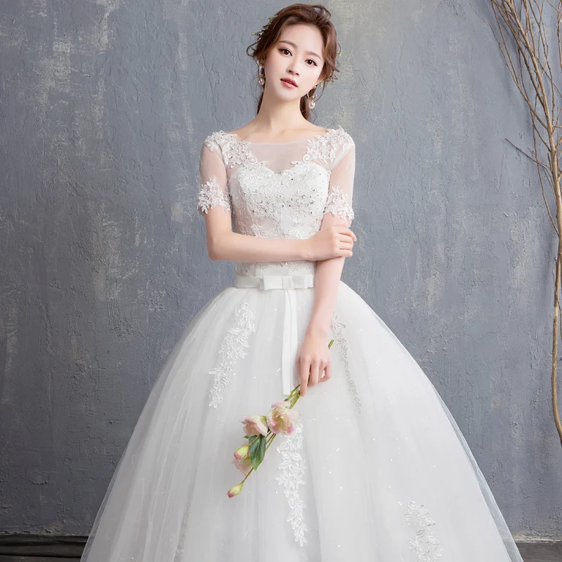 

Half Sleeve Vintage Lovely bow Wedding Dresses 2019 V neck Embroidery Vestidos De Noivas Plus Size lace Bridal Ball Gowns