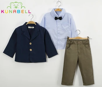 

Handsome Gentleman Baby Boy Menino Brand Clothes Suit Blue Coat + Bow Striped Shirt + Pants 3pcs Set Cotton Casual Boys Set L231