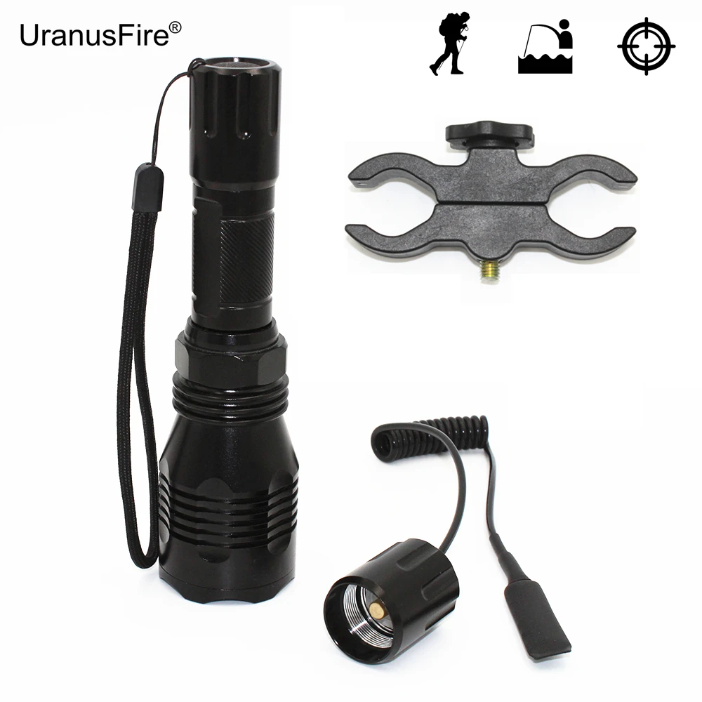 

Hunting Light LED Flashlight Torch Green Red White Light Spotlight XP-E R2 with Bracket Clip + Remote Pressure Switch