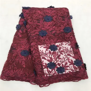 

Heavy Wine Red Embroidered Tubular Beads African French Net 3d Flower Lace Fabric Bridal Nigerian Lace Fabrics For Party Dresses