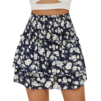

A-Line Skirts Boho Ruched Floral Print Layered High Waist Flared Skirts Womens Summer 2019 Harajuku Casual Mini Skirt